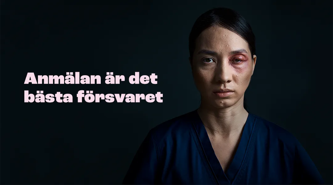 Tummahiuksinen nainen, jolla on musta silmä. Kuvassa teksti &quot;Anmälan är det bästa försvaret&quot;.