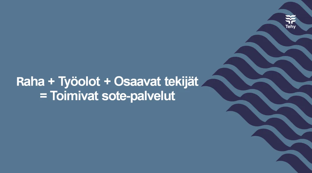 Piirroskuva, jossa lukee raha + työolot + osaavat tekijät = toimivat sote-palvelut