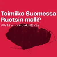 Piirroskuva, jossa punaisella pohjalla kuoppa ja siinä teksti &quot;Toimiiko Suomessa Ruotsin malli?&quot;